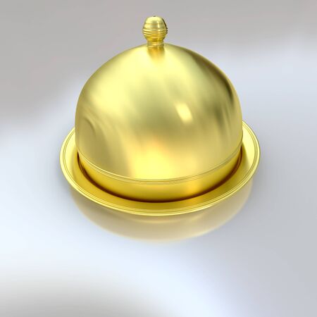 3D rendering of a plate covered by a golden cloche lid の写真素材