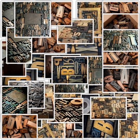 Collage with different photos of vintage wooden typescript lettersの写真素材