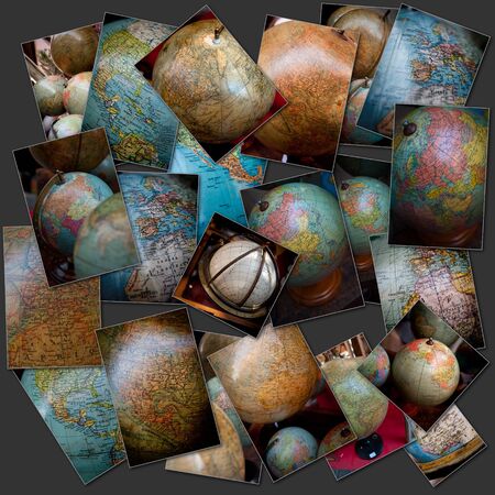 Collection of pictures of vintage world globesの写真素材
