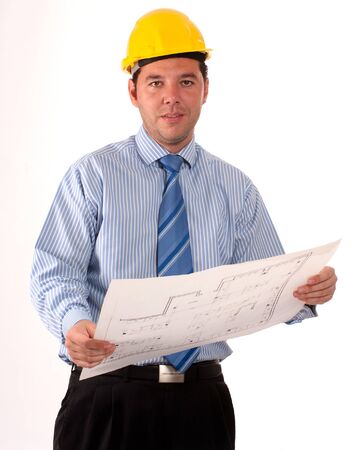 Man with safety helmet holding a roll of blueprintsの写真素材