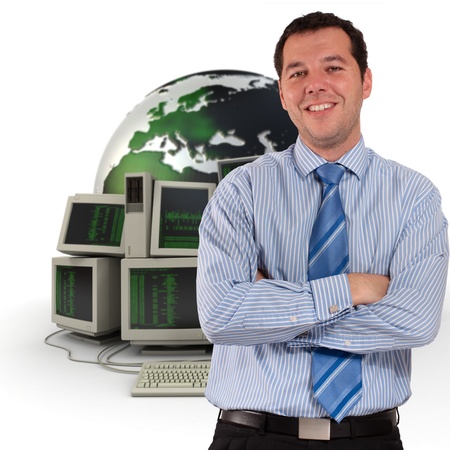 

Professional man with a world map and piles of computers 

の写真素材