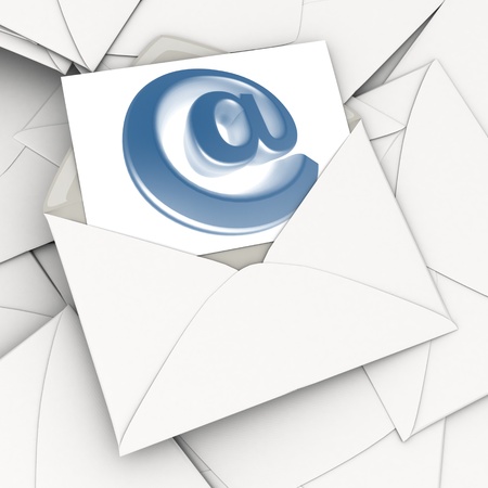 3D rendering of an open envelope and a card with the at symbol on top of a stack of scattered correspondenceの写真素材