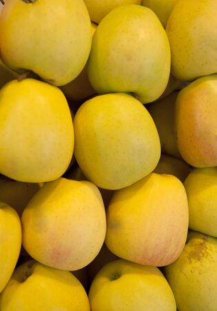 Golden apples arranged in a market stall, ideal for backgroundsの写真素材