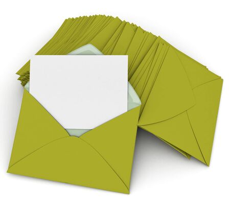 3D rendering of an open envelope and a blank, card on top of a pile of closed green lettersの写真素材