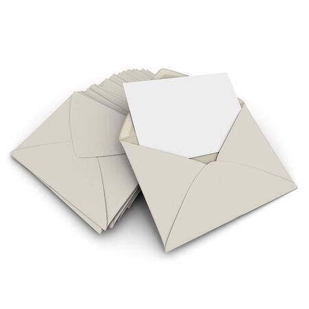 3D rendering of an open envelope and a blank, card on top of a pile of closed lettersの写真素材