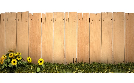 3D rendering of a wooden fence, green grass and lots of copy space, ideal for inserting a message or imageの写真素材