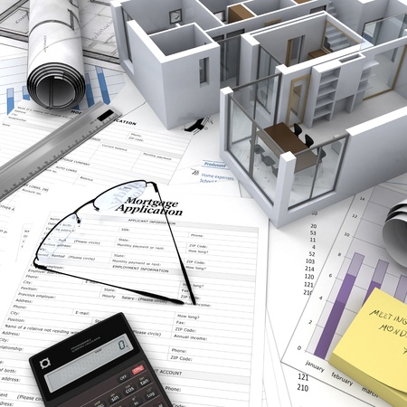 Office building with open interior on top of blueprints, documents and mortgage calculationsの写真素材