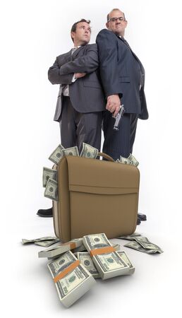 A pair of men, a gun and lots of moneyの写真素材