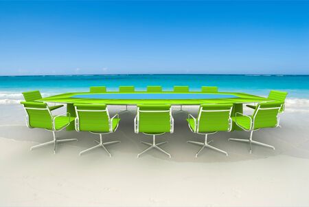 3D rendering  of a Meeting table and chairs in the water of a Caribbean beachの写真素材