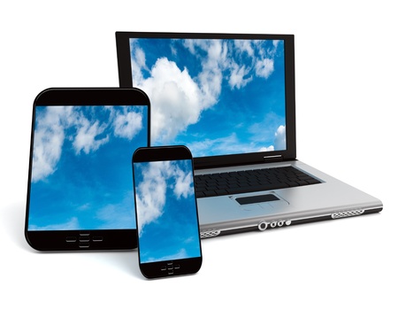 A tablet, a mobile phone and a laptop with a sky with clouds on the screensの写真素材