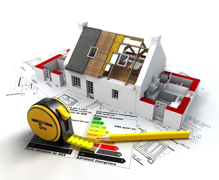 3D rendering of a house in construction, on top of blueprints, with and energy efficiency rating chartの写真素材