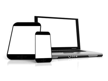 A tablet, a mobile phone and a laptop with blank screens ideal for customizationの写真素材