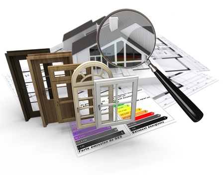Home construction concept with energy efficiency chart and a selection of doors and windowsの写真素材