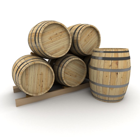 3D rendering of a group of wine barrels on a white backgroundの写真素材