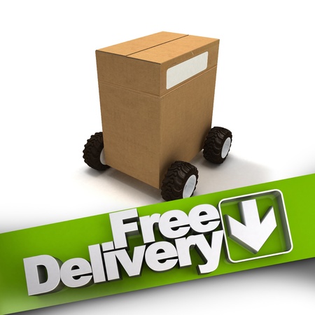Free delivery banner with a box on wheelsの写真素材