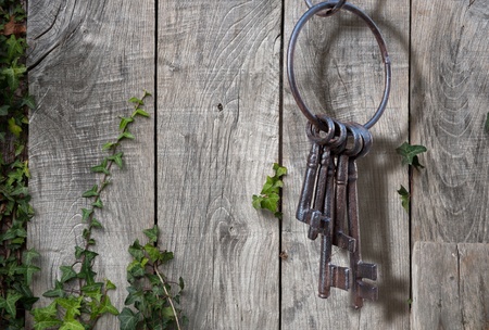 Old rusty key ring on rustic background