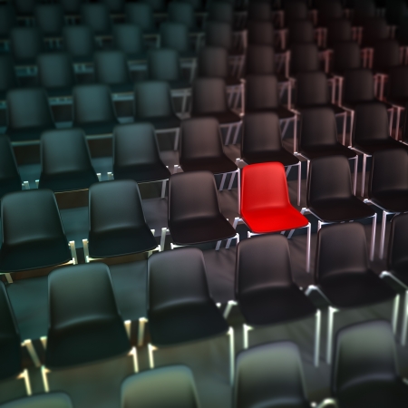 3D rendering of rows of black chairs and a red oneの写真素材