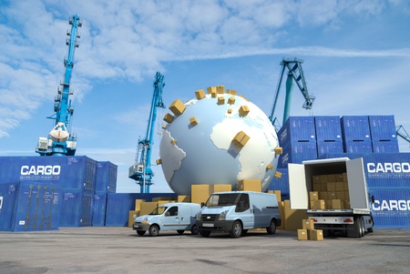 Transportation fleet on a commercial dock, and the Earth surrounded by packagesの写真素材