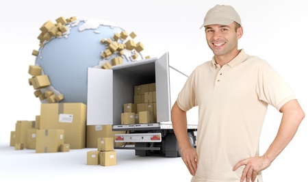Messenger delivering a parcel in an international transport contextの写真素材