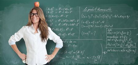 Young woman with an apple in her head, by a blackboard full of formulae