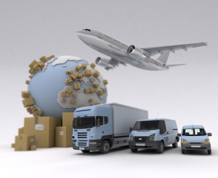 The Earth, lots of boxes and a transportation fleet made of vans, trucks and an airplaneの写真素材