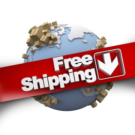 3D rendering of a free shipping concept sign with the Earth and packagesの写真素材