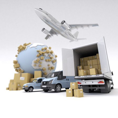 3D rendering of the Earth, cardboard boxes, a van, a truck and a flying planeの写真素材