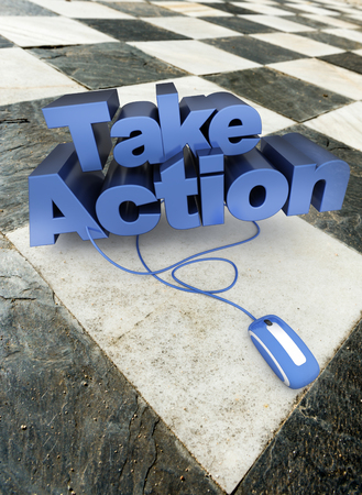 The words take action connected to a computer mouse on top of an old checkered marble floorの写真素材