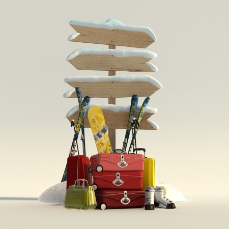 3D rendering of a snow covered directional sign and suitcases, skis, snowboard and bootsの写真素材