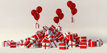 Pile of presents in red and white with flying balloons