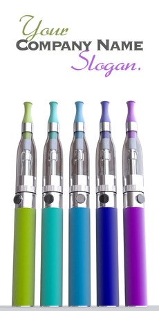 3D rendering of a group of colorful e-cigarettes with lots of copy spaceの写真素材