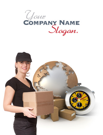 
Isolated image of a female messenger delivering a parcel with a world map, packages and a chronometer as a background
の写真素材