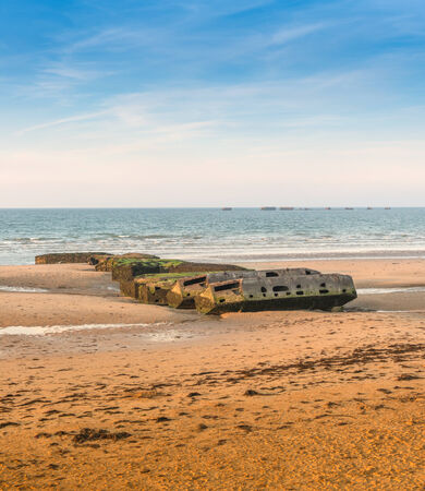 Concrete blocks from World War II landing in Gold beach, Normandyの写真素材