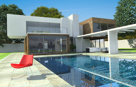 3D rendering of a modern luxurious house with swimming poolの写真素材