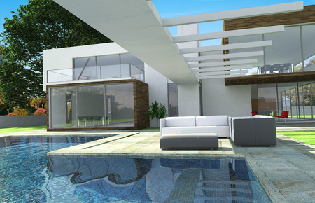 3D rendering of a modern luxurious house with swimming poolの写真素材