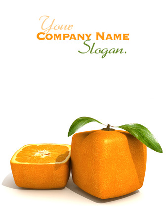 3D rendering of a cubic orange fruit and a halfの写真素材