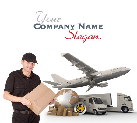 A messenger holding a package with a world map, packages, a chronometer,  a van, a truck and an airplane as backgroundの写真素材
