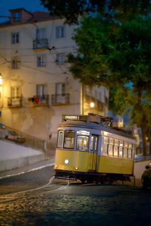 Tramway uphill in Lisbon, late at nightのeditorial素材