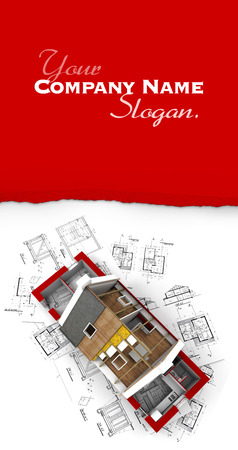 3D rendering of a roofless house on top of architect plansの写真素材
