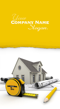 Customizable 3D image with a house, blueprints , a tape measure and a pencilの写真素材