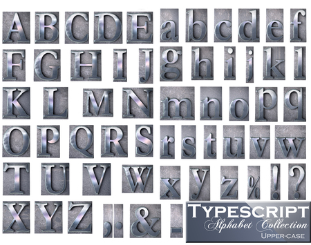 3D rendering of a metallic typescript alphabet in Uppercase and lowercase with a retro lookの写真素材