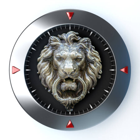 3D rendering of a dial with a retro lion head in the center