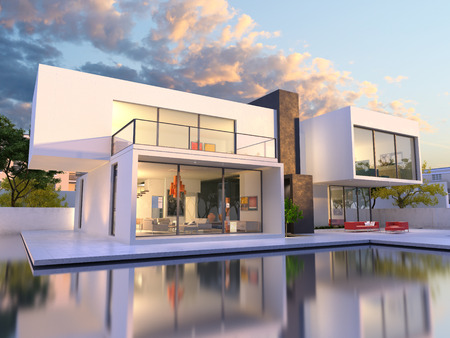 3D rendering of Impressive villa with pool, late afternoonの写真素材