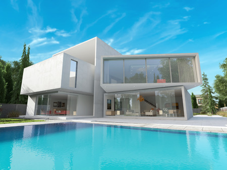External view of a contemporary house with poolの写真素材