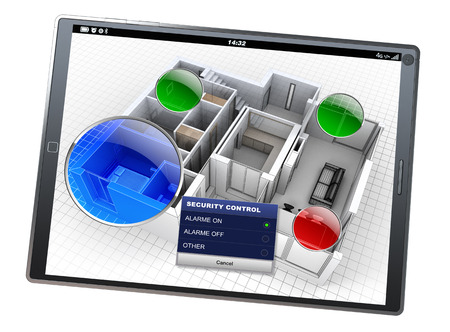 3D rendering of a house with a monitoring tablet appの写真素材