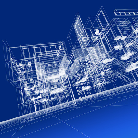 3D rendering of a transparent building against a blue backgroundの写真素材