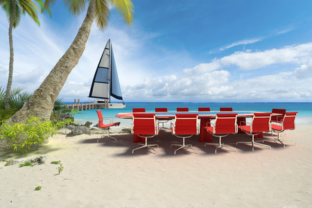3D rendering of a meeting table in a tropical beachの写真素材