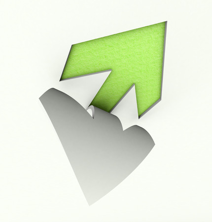 3D rendering of an arrow paper cut out in green and whiteの写真素材