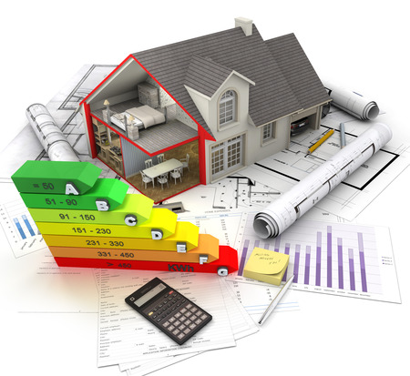 3D rendering of a House exterior with cross section showing home interior, an energy efficiency charts and blueprintsの写真素材