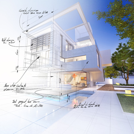 3D rendering of a luxurious villa contrasting with a technical draft partの写真素材